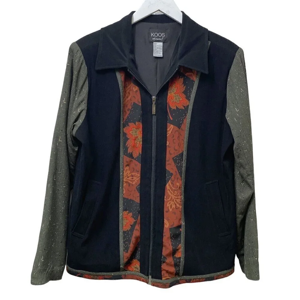 KOOS of Course! Womens Jacket Medium Black Orange Colorblock Boho Artsy Vintage
